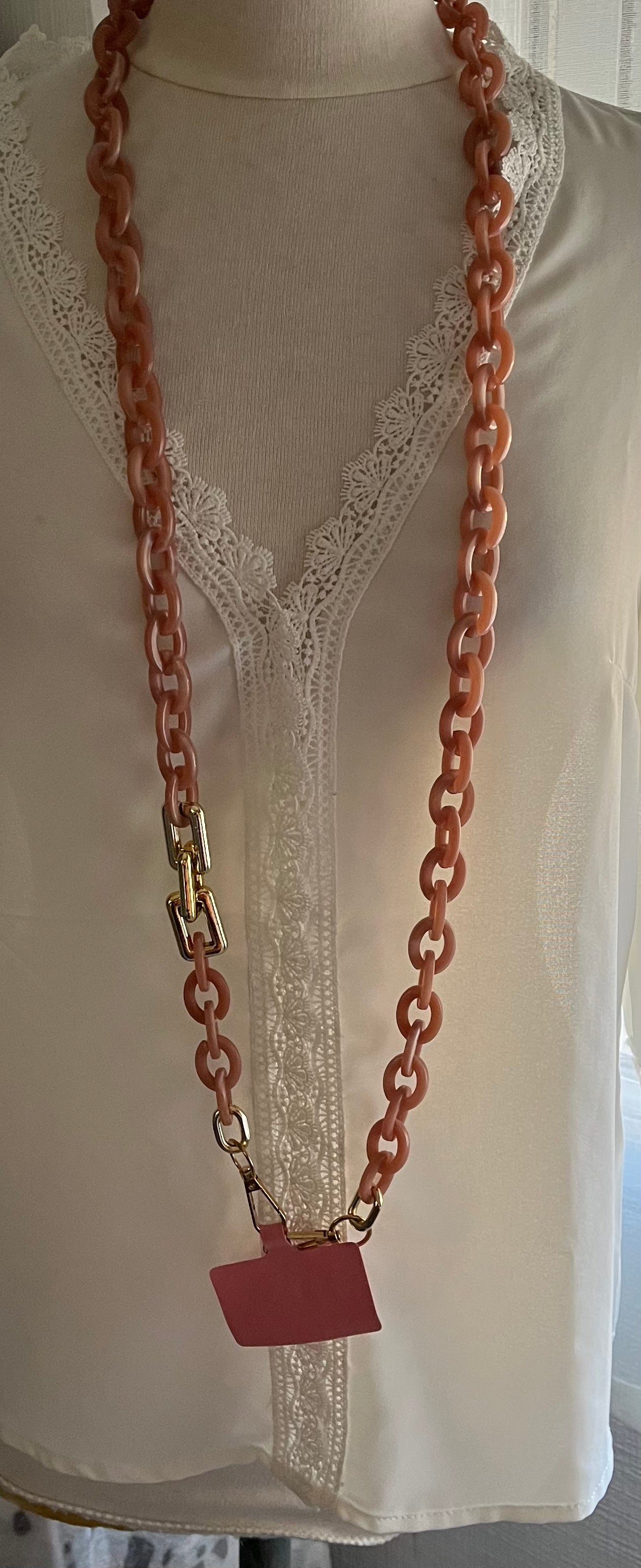 Chaine de Téléphone Portable Rose Chiné et Doré - Bijoux mode Acrylique - Tour de cou Téléphone