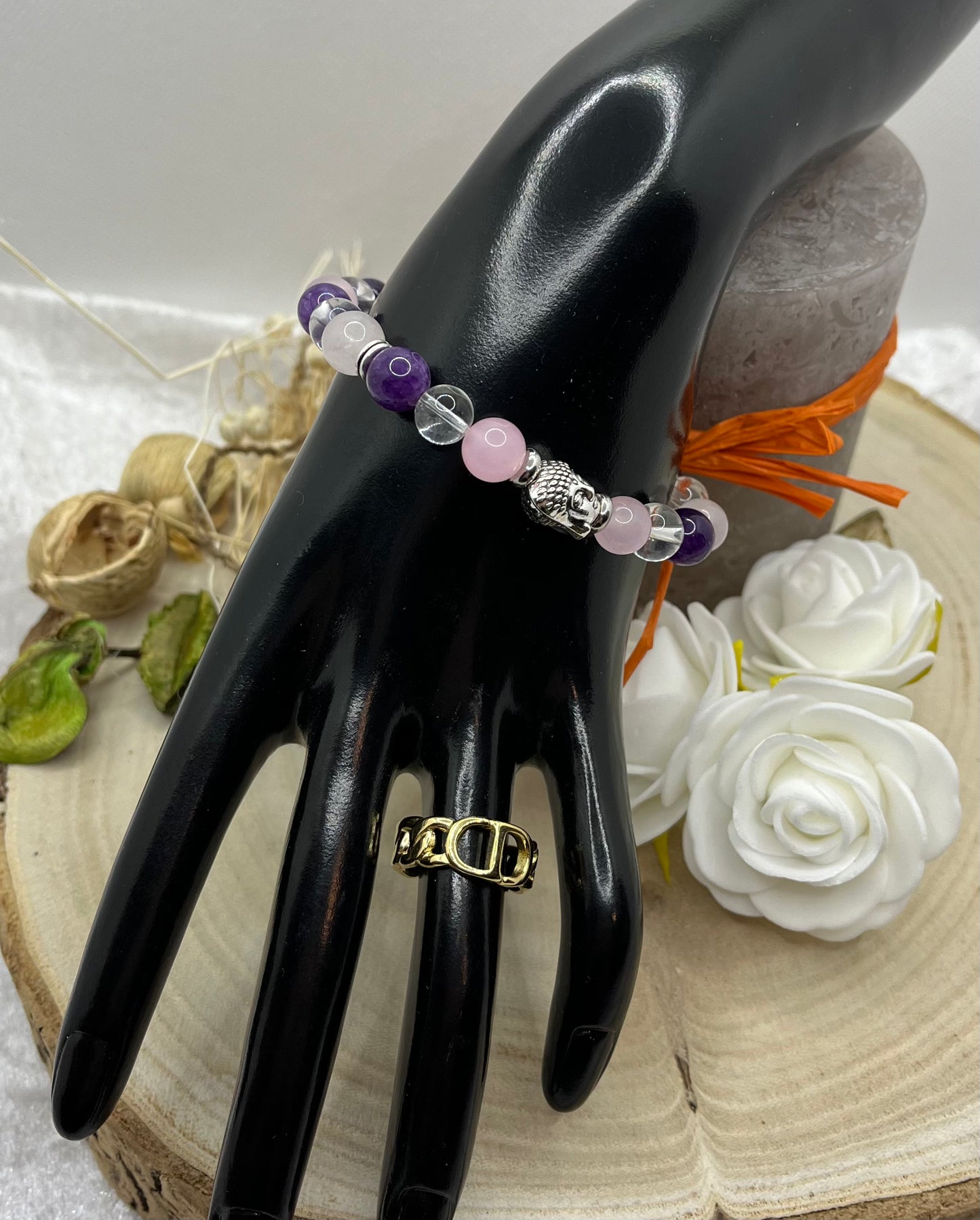 Bracelet Apaisement - Pierres Naturelles - Quartz Rose, Améthyste, Cristal de Roche - Bouddha