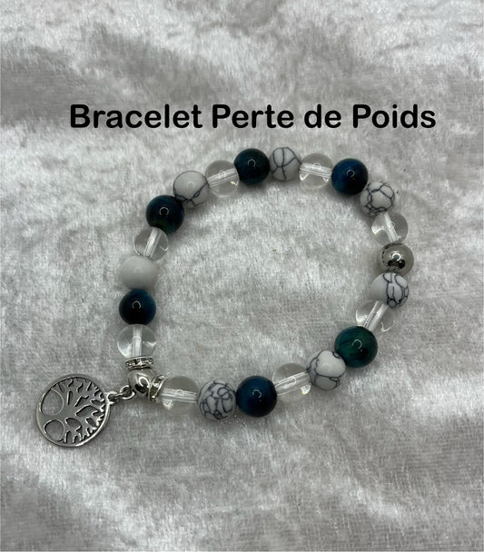 Bracelet Perte de Poids - Pierres Naturelles Apatite - Howlite et Cristal de Roche - Pendentif Arbre de vie