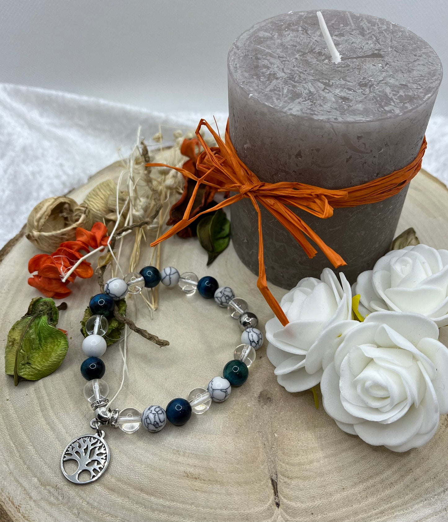 Bracelet Perte de Poids - Pierres Naturelles Apatite - Howlite et Cristal de Roche - Pendentif Arbre de vie
