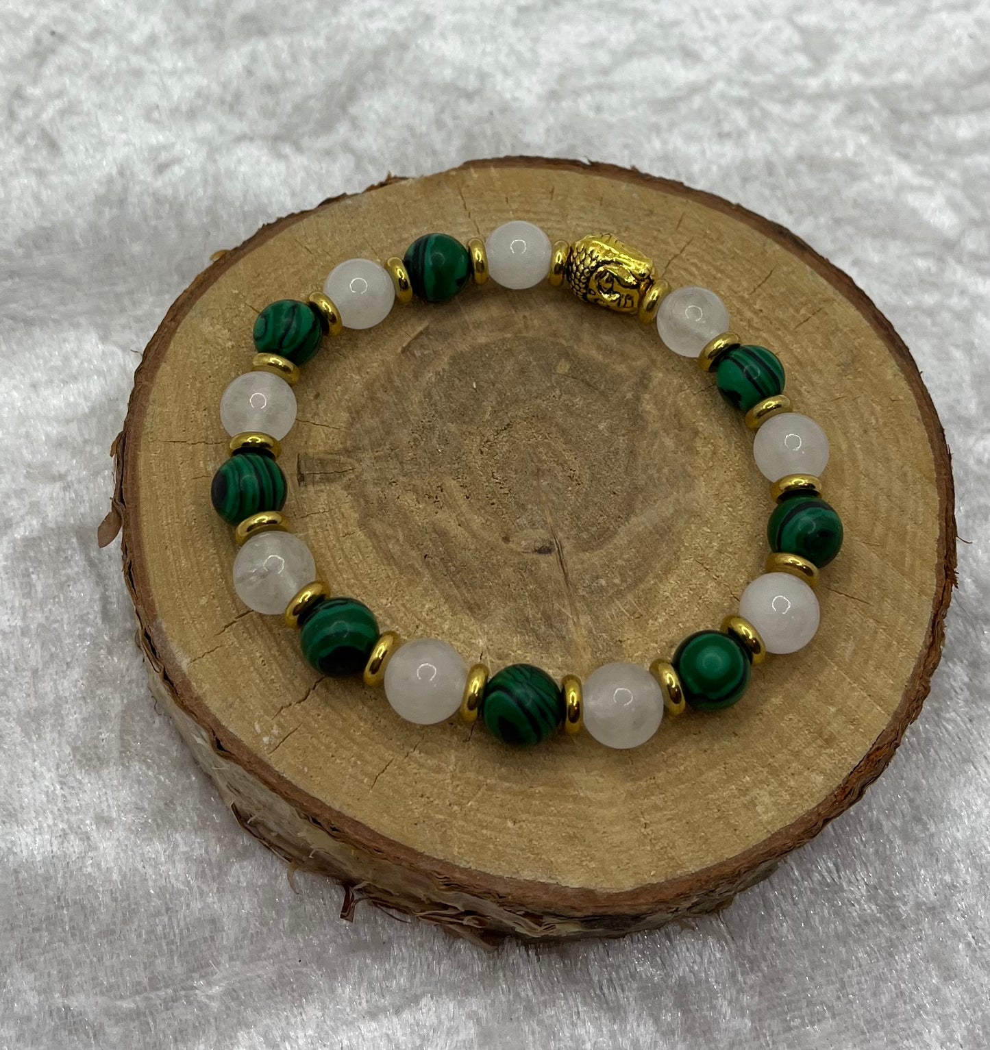 Bracelet Anti Douleurs en Malachite et Pierre de Lune Orné d'un Bouddha en Acier inoxydable Doré - Fait Main