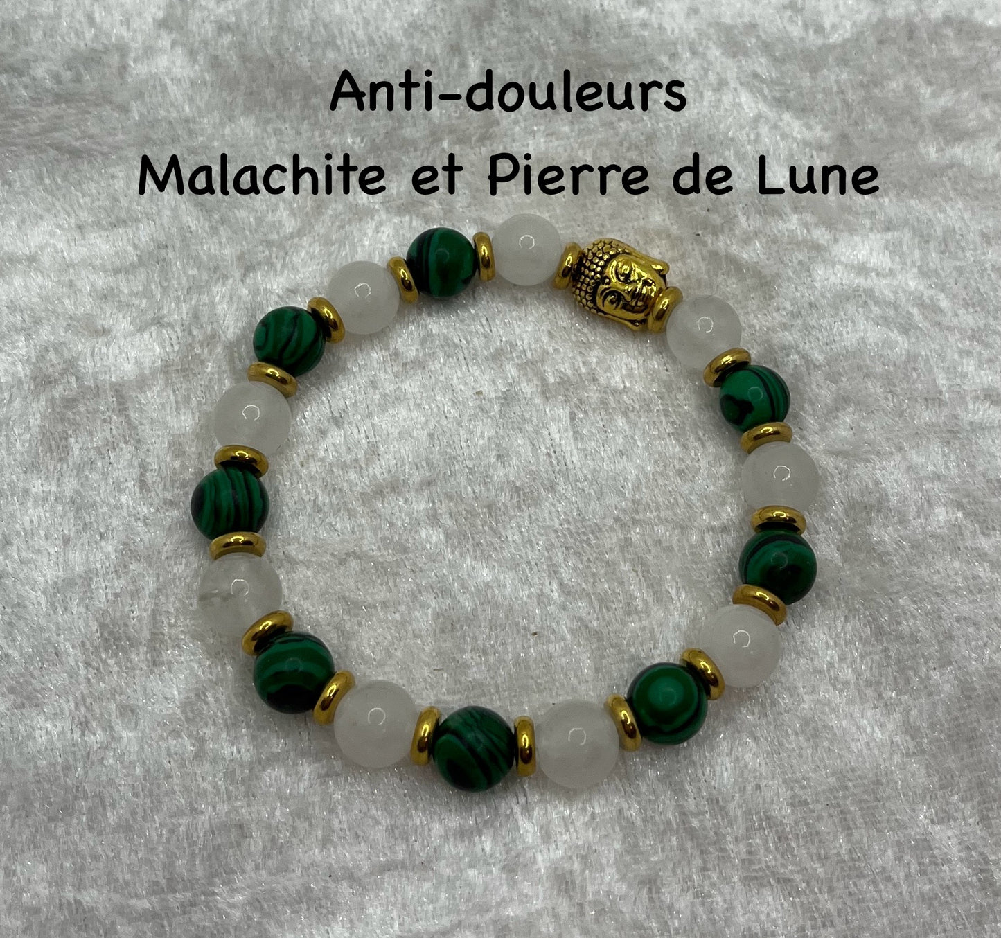 Bracelet Anti Douleurs en Malachite et Pierre de Lune Orné d'un Bouddha en Acier inoxydable Doré - Fait Main