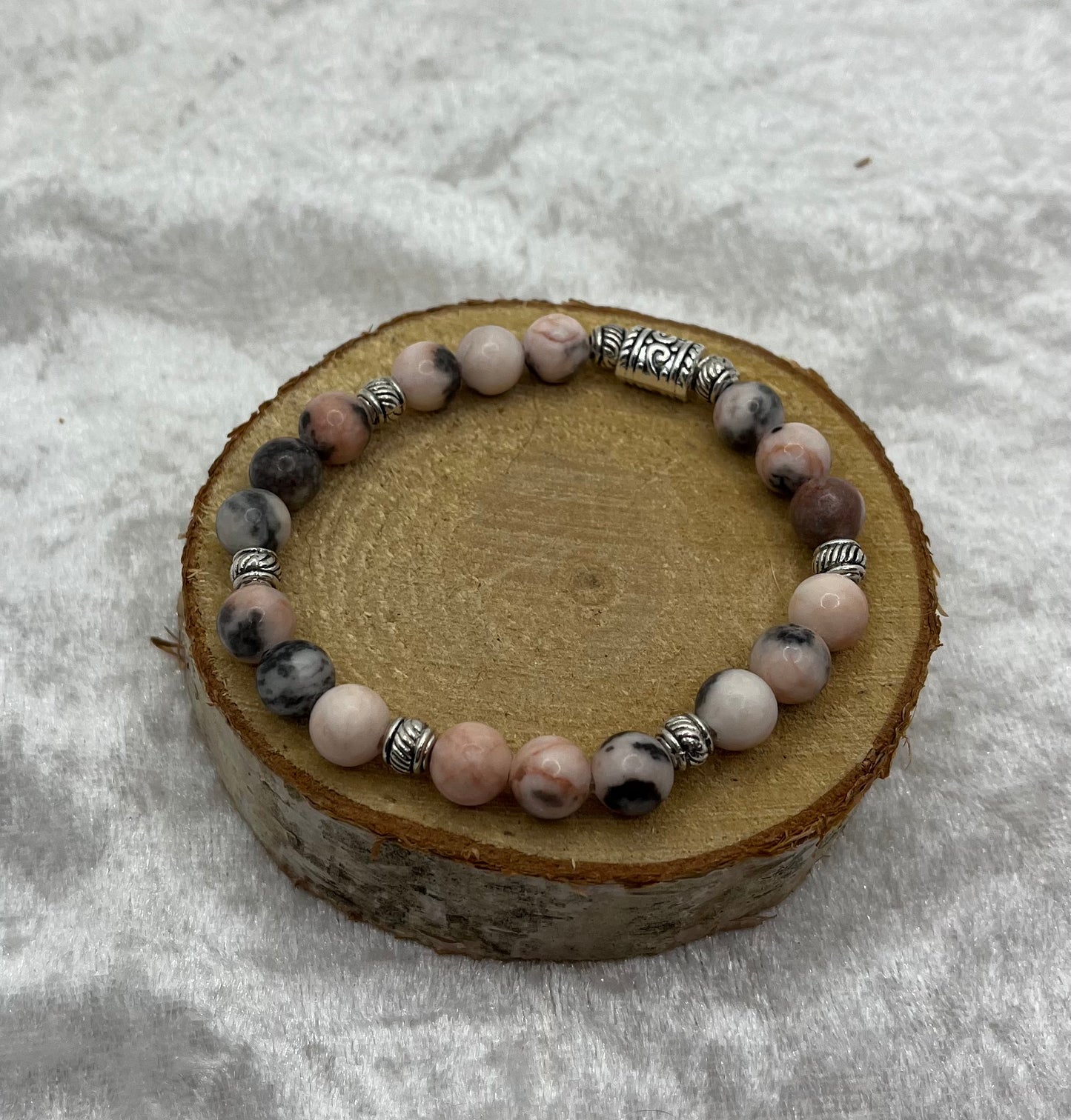 Bracelet en Pierre Naturelle en JASPE ZEBRE ROSE Orné de Perles décoratives En Acier inoxydable- Fait main
