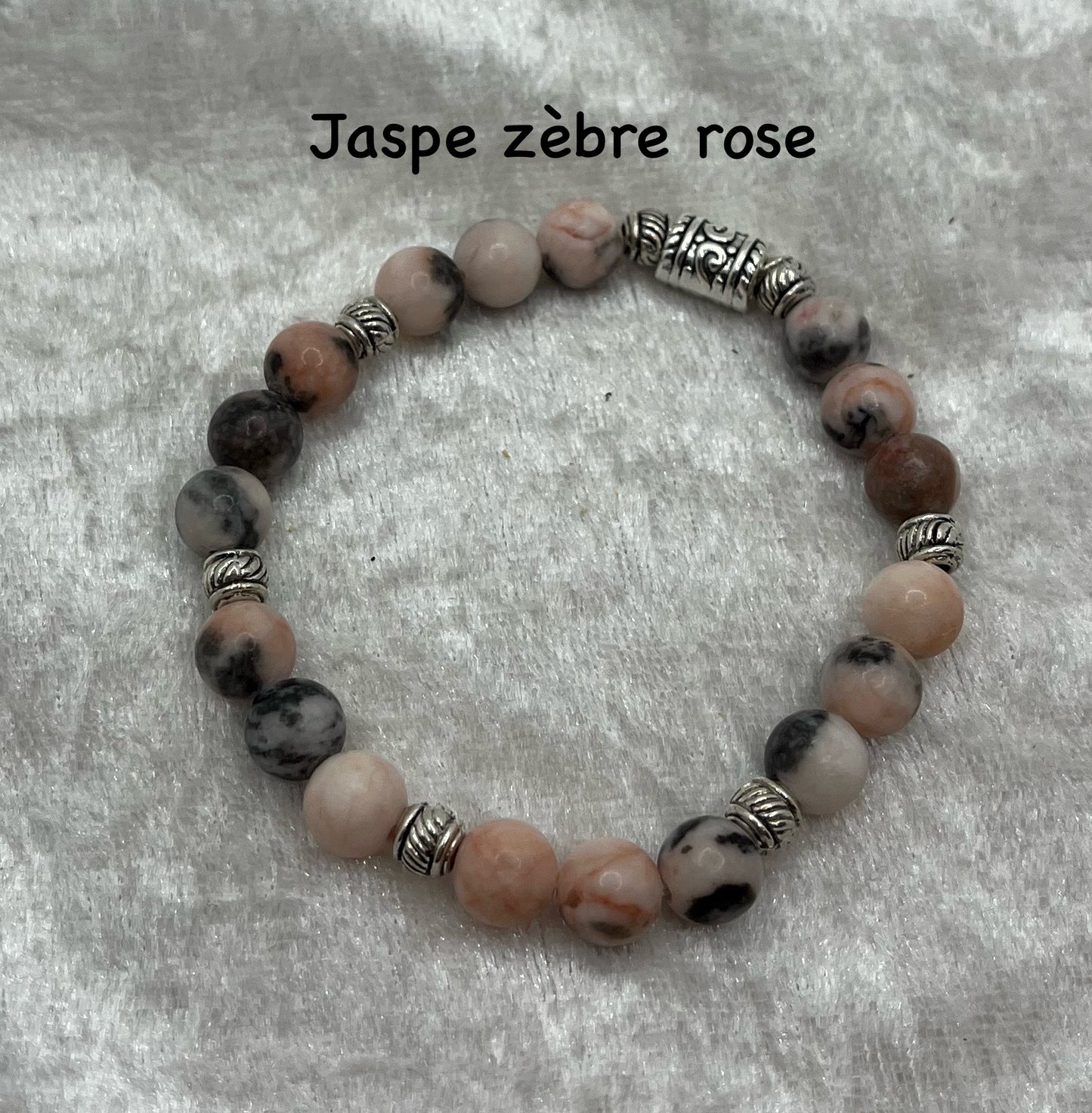 Bracelet en Pierre Naturelle en JASPE ZEBRE ROSE Orné de Perles décoratives En Acier inoxydable- Fait main