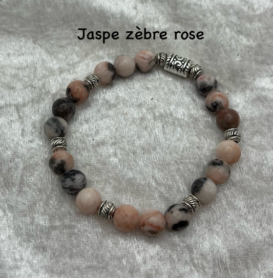 Bracelet en Pierre Naturelle en JASPE ZEBRE ROSE Orné de Perles décoratives En Acier inoxydable- Fait main