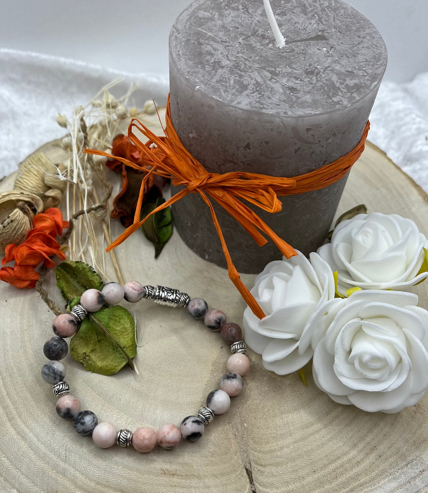 Bracelet en Pierre Naturelle en JASPE ZEBRE ROSE Orné de Perles décoratives En Acier inoxydable- Fait main