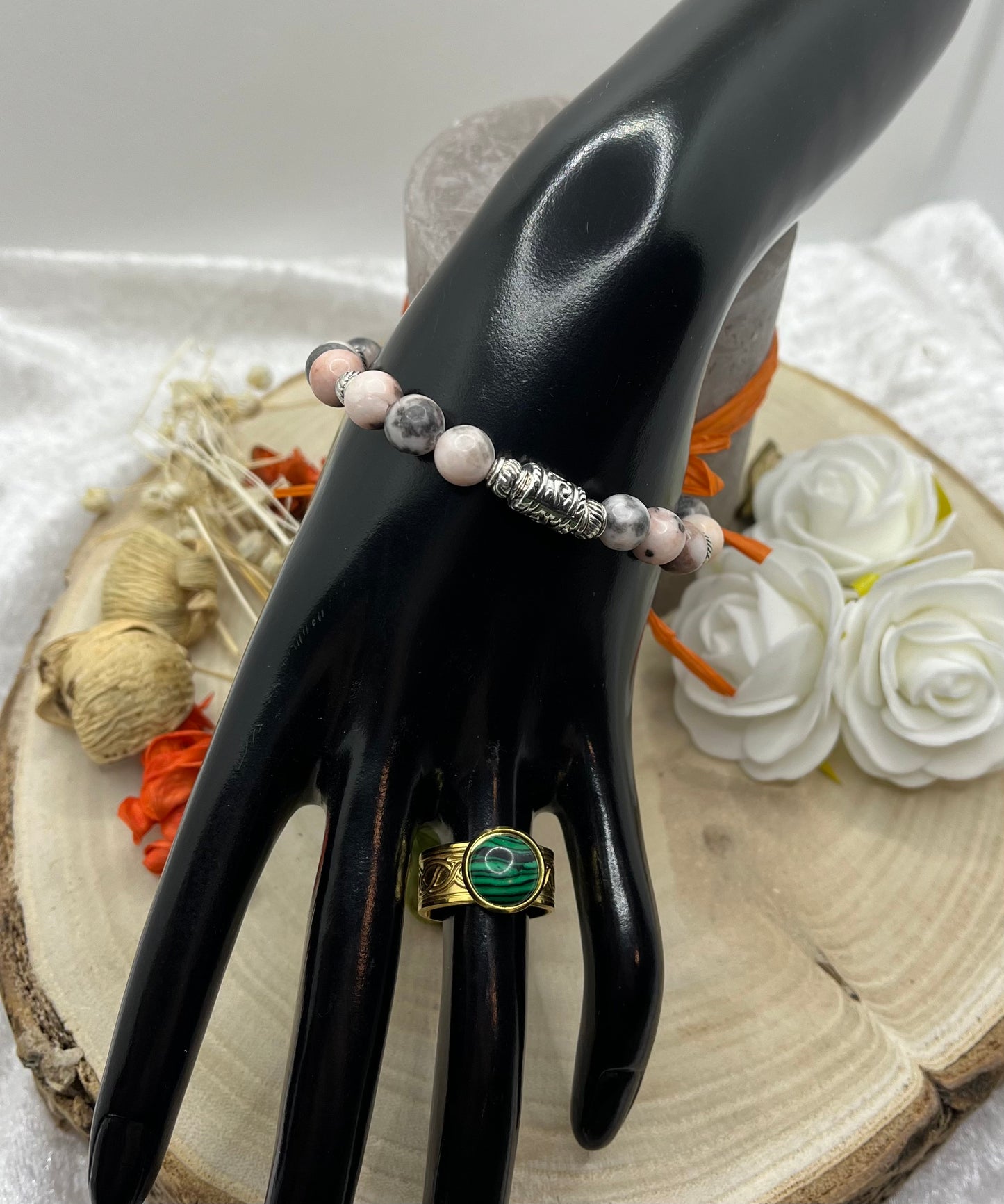 Bracelet en Pierre Naturelle en JASPE ZEBRE ROSE Orné de Perles décoratives En Acier inoxydable- Fait main