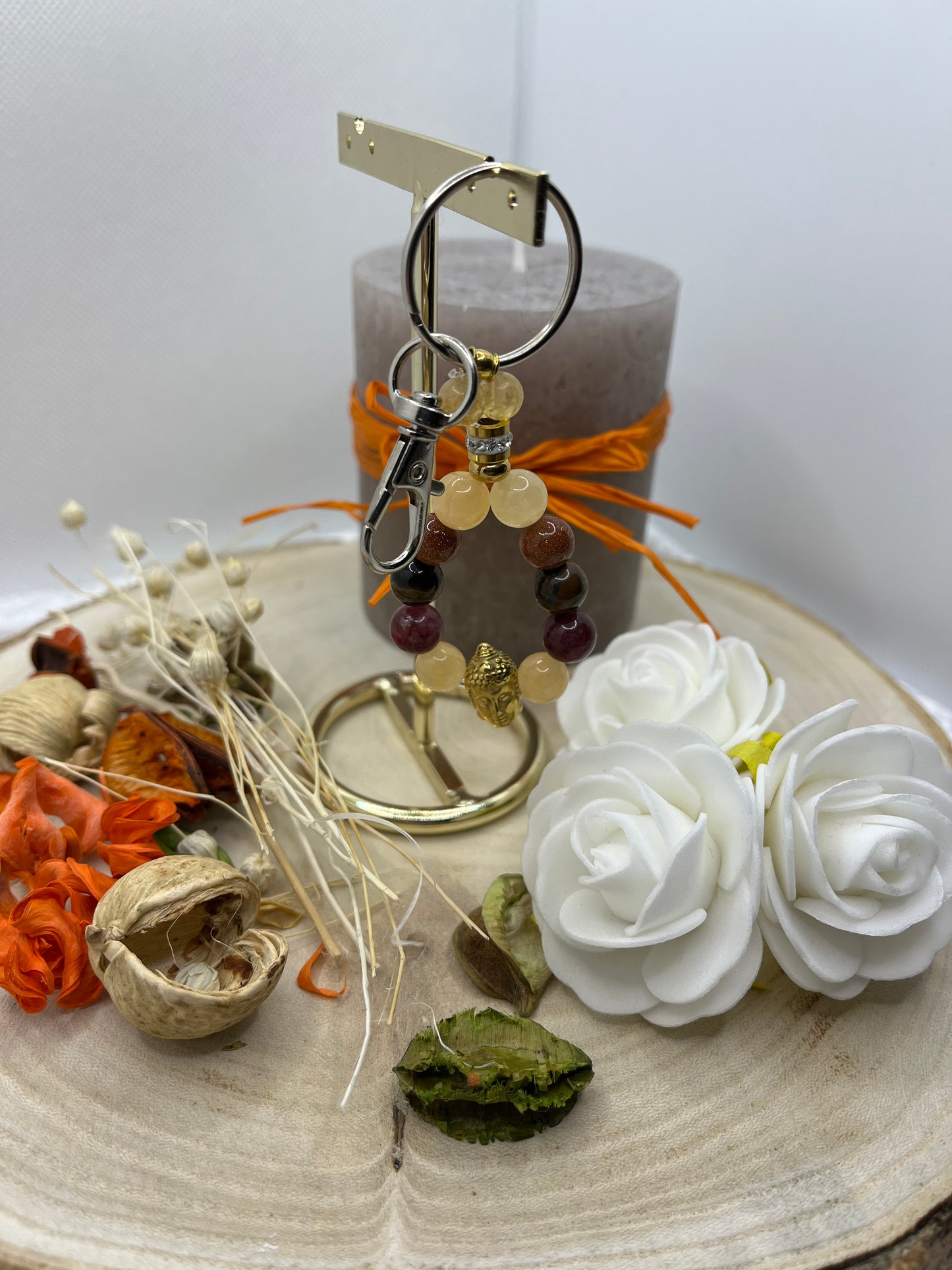 Porte Clé - Citrine, Grenat, Sable du soleil, Oeil de tigre (Fait Main)