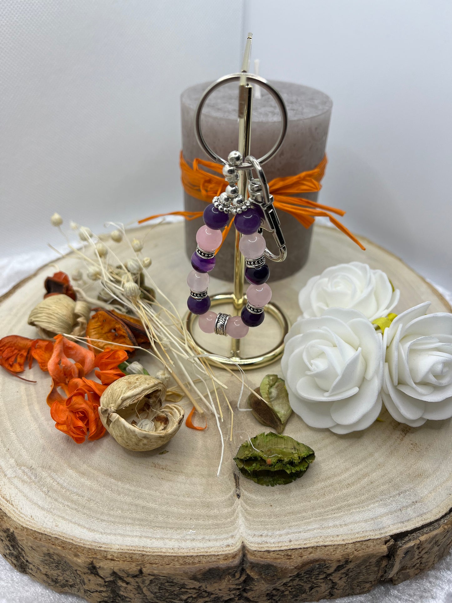 Porte Clés - Améthyste - Quartz Rose - Orné de perles en Acier inoxydable