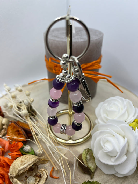 Porte Clés - Améthyste - Quartz Rose - Orné de perles en Acier inoxydable