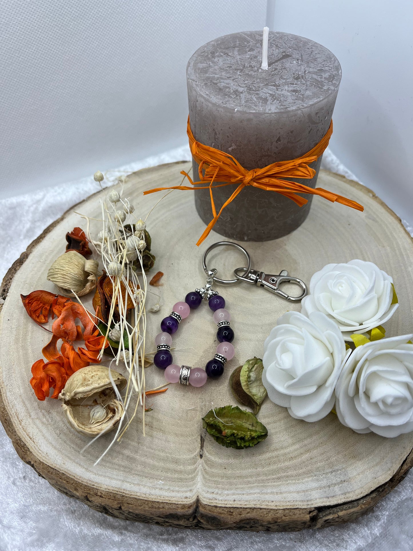 Porte Clés - Améthyste - Quartz Rose - Orné de perles en Acier inoxydable