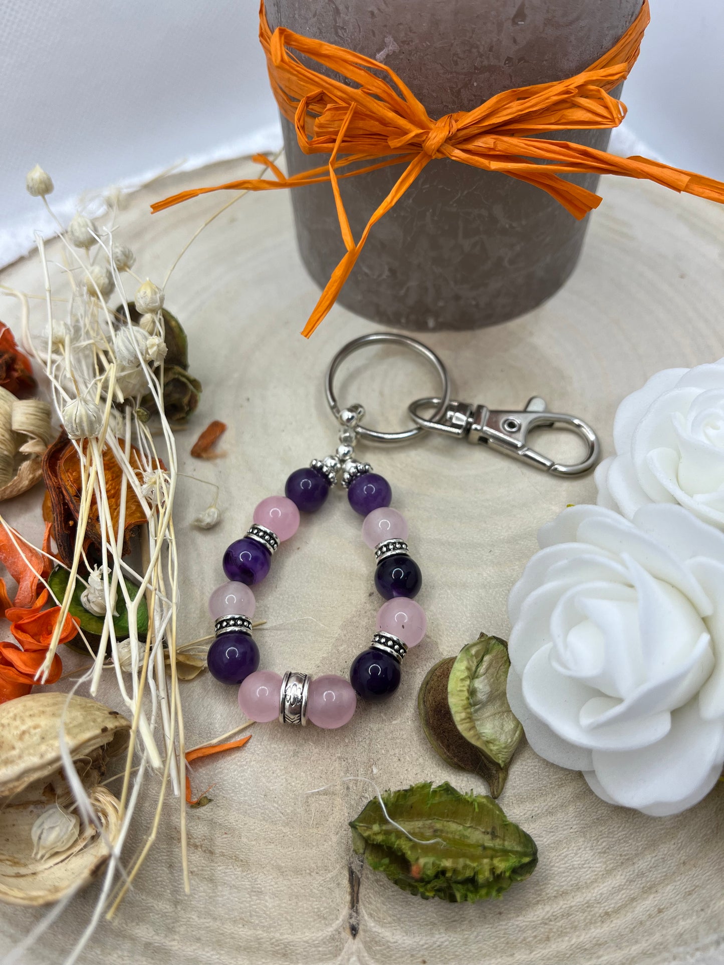 Porte Clés - Améthyste - Quartz Rose - Orné de perles en Acier inoxydable