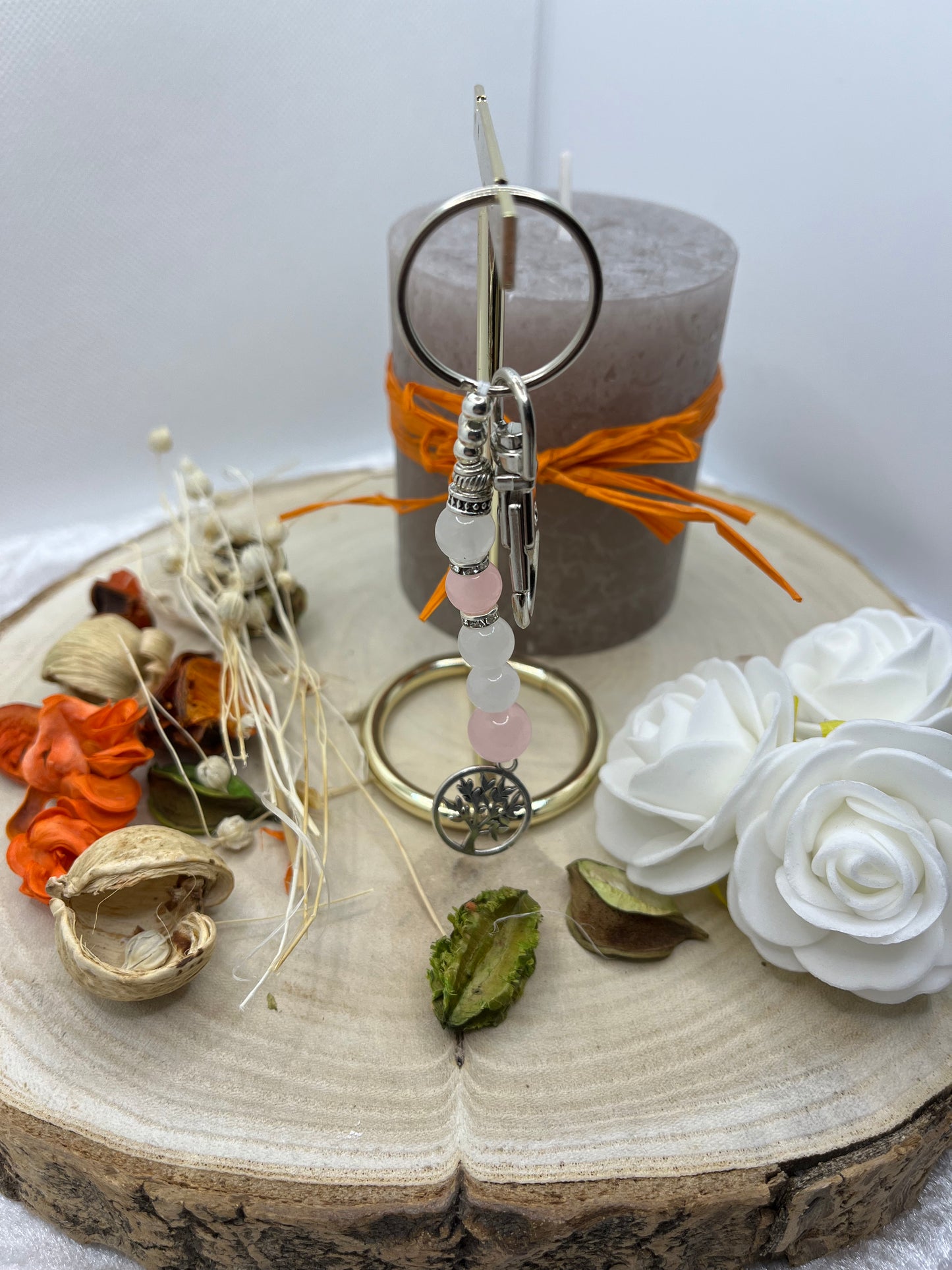 Porte Clés - Quartz Rose et Pierre de Lune - Arbre de vie - Fait Main