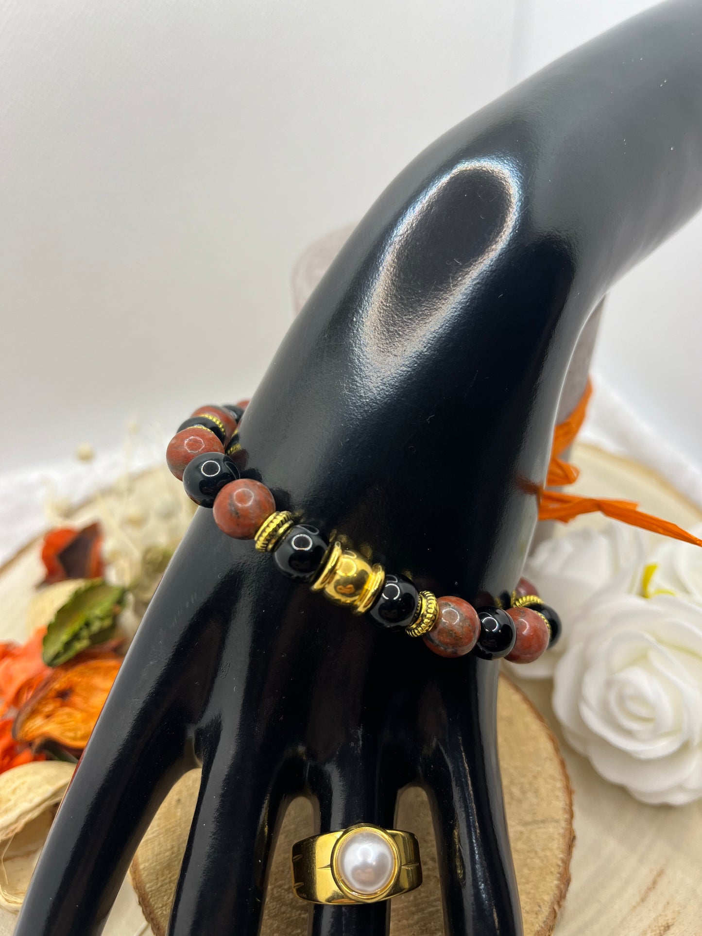Bracelets Pierres Naturelles "Force, courage, protection et Ancrage" - Jaspe Rouge et Onyx - Fait Main