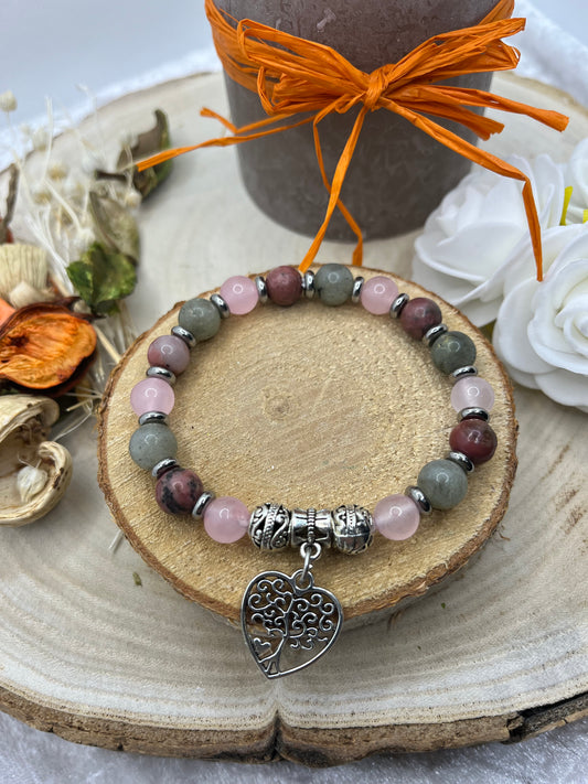 Bracelet Pierres Naturelles Triple énergie "Amour" -  Quartz Rose, Labradorite, Rhodonite - Fait Main