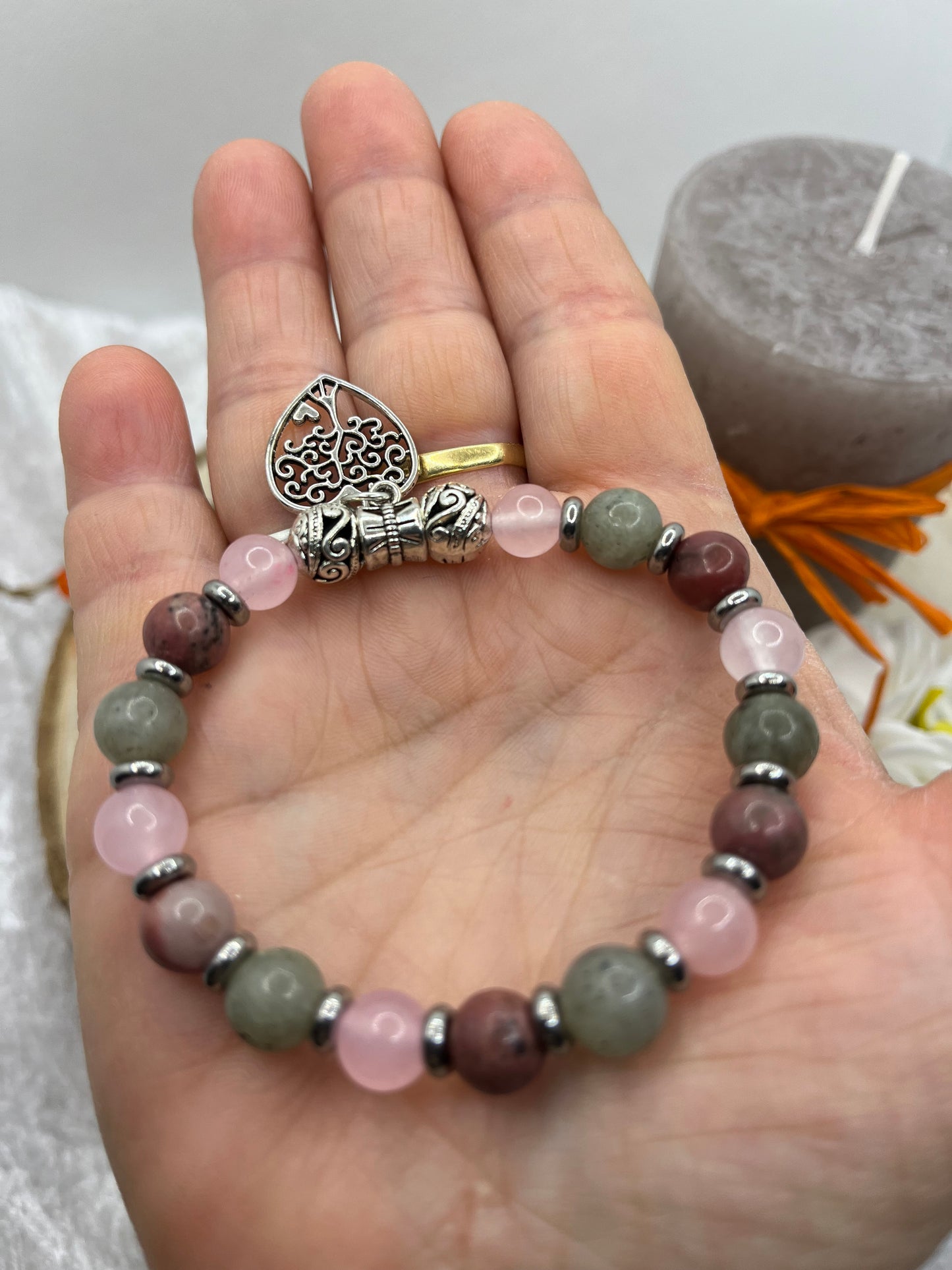 Bracelet Pierres Naturelles Triple énergie "Amour" -  Quartz Rose, Labradorite, Rhodonite - Fait Main