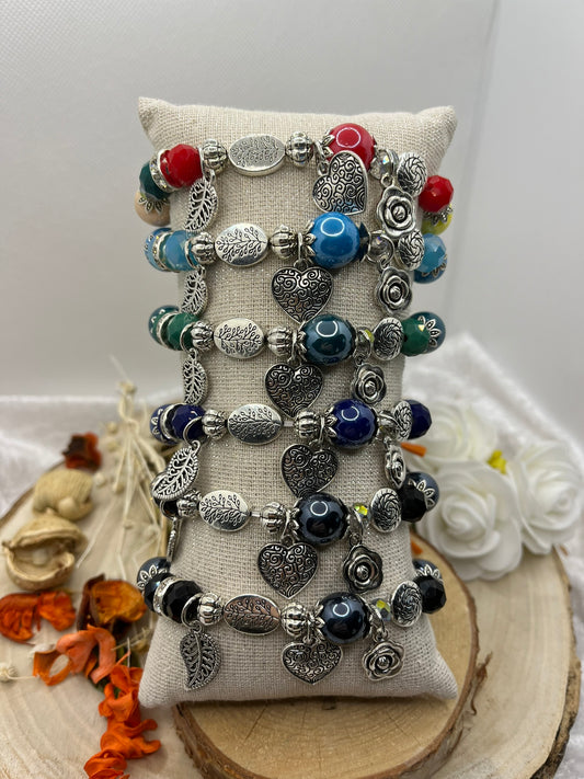 Bracelet fantaisie chic et mode ornés de pendentifs Coeur, Feuille et fleur - acier inoxydable