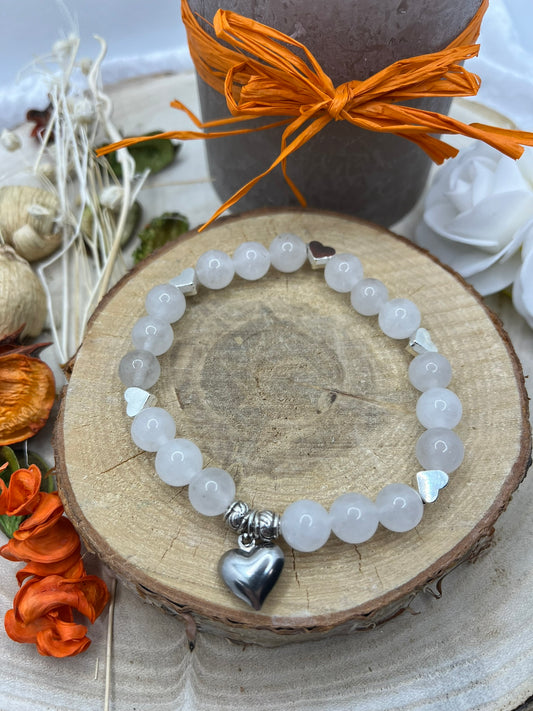 Bracelet Pierre Naturelle - Pierre de Lune Ornés de petits coeurs en Acier Inoxydable