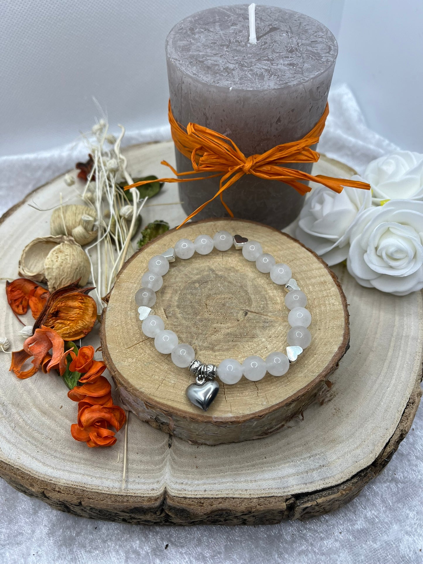Bracelet Pierre Naturelle - Pierre de Lune Ornés de petits coeurs en Acier Inoxydable