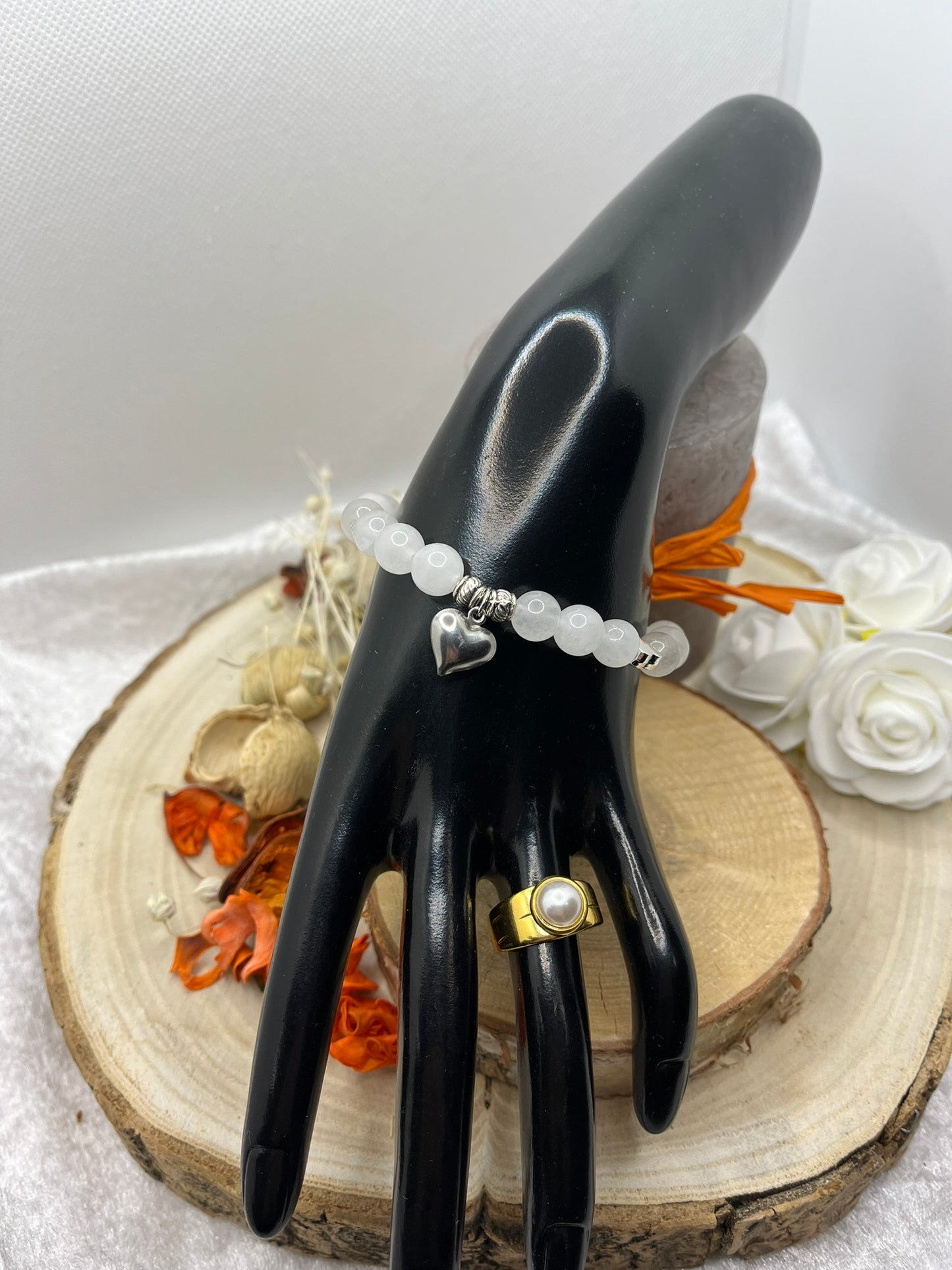 Bracelet Pierre Naturelle - Pierre de Lune Ornés de petits coeurs en Acier Inoxydable