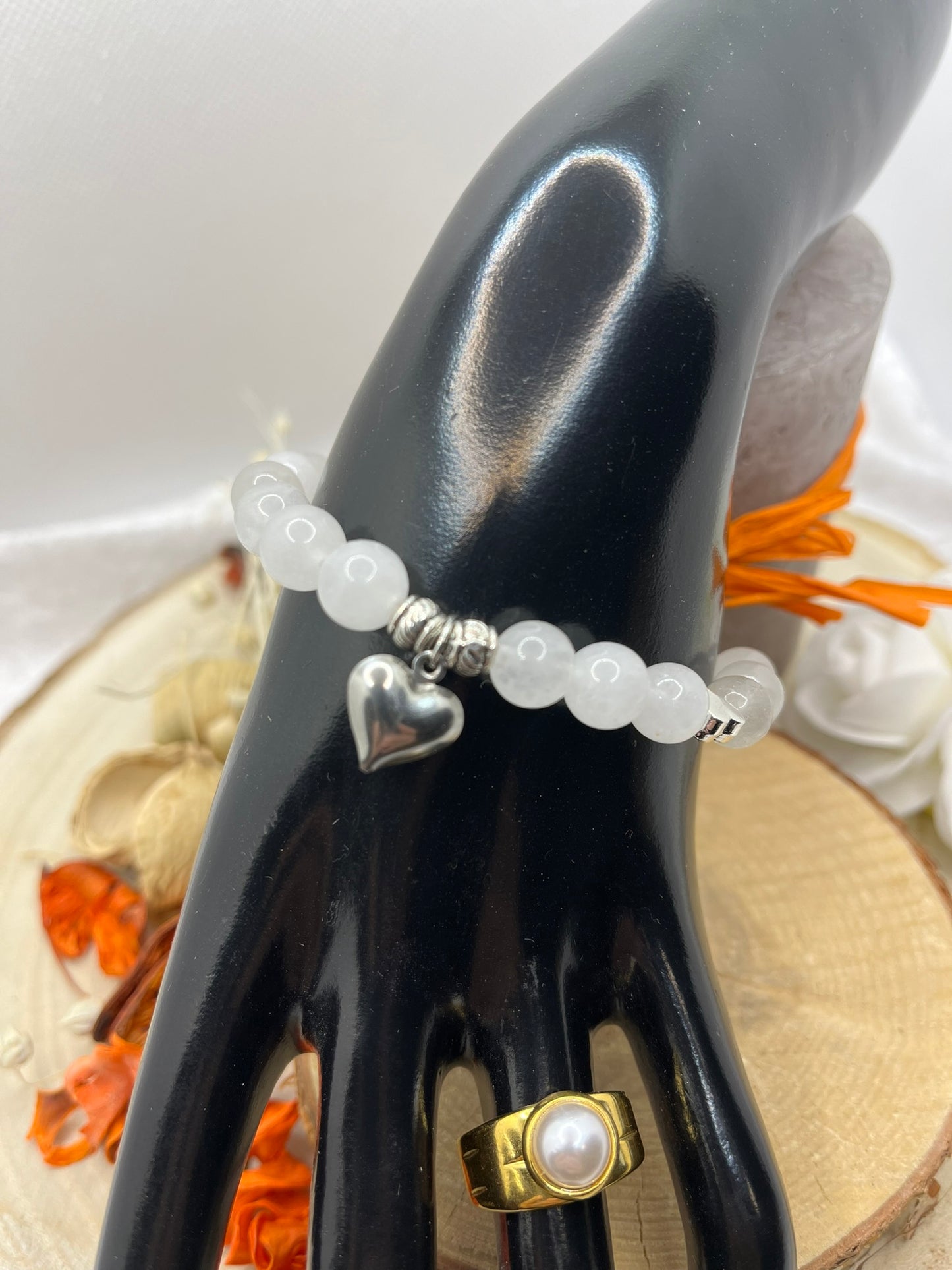Bracelet Pierre Naturelle - Pierre de Lune Ornés de petits coeurs en Acier Inoxydable