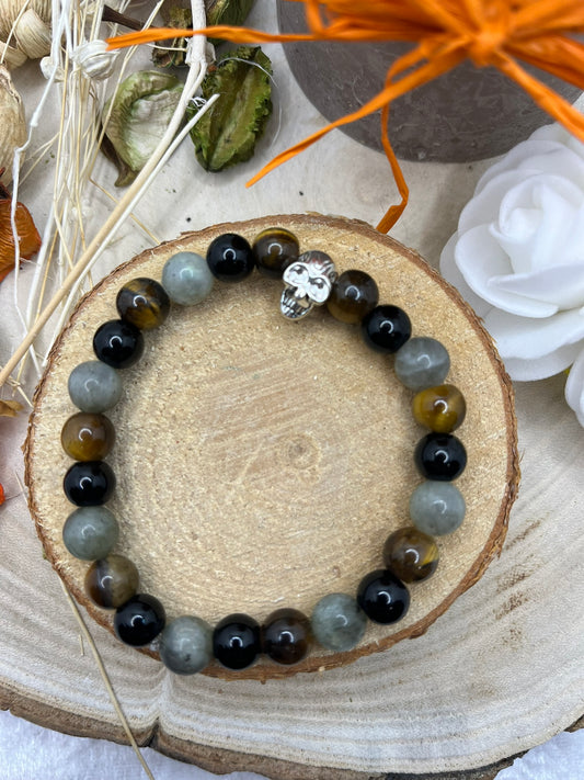 Bracelet Pierres Naturelles " Confiance et Protection " - Labradorite - Oeil de Tigre - Onyx - Orné d'une perles tête de mort