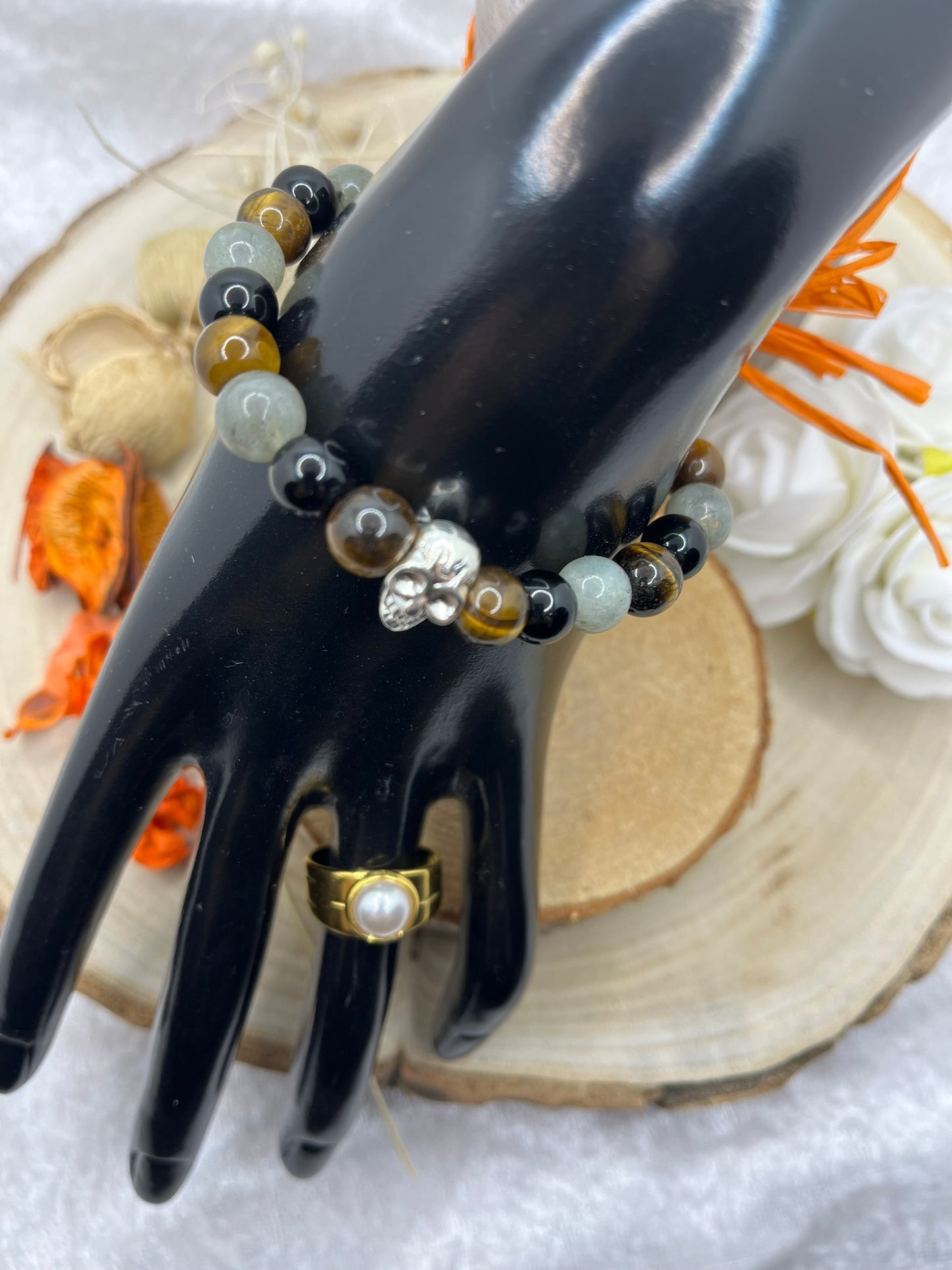 Bracelet Pierres Naturelles " Confiance et Protection " - Labradorite - Oeil de Tigre - Onyx - Orné d'une perles tête de mort