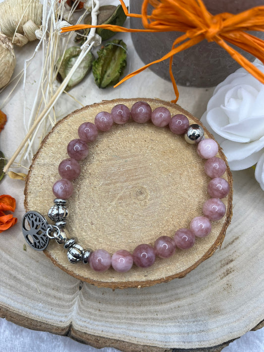 Bracelet Pierres Naturelles - Lépidolite - Orné d'un pendentif Arbre de vie
