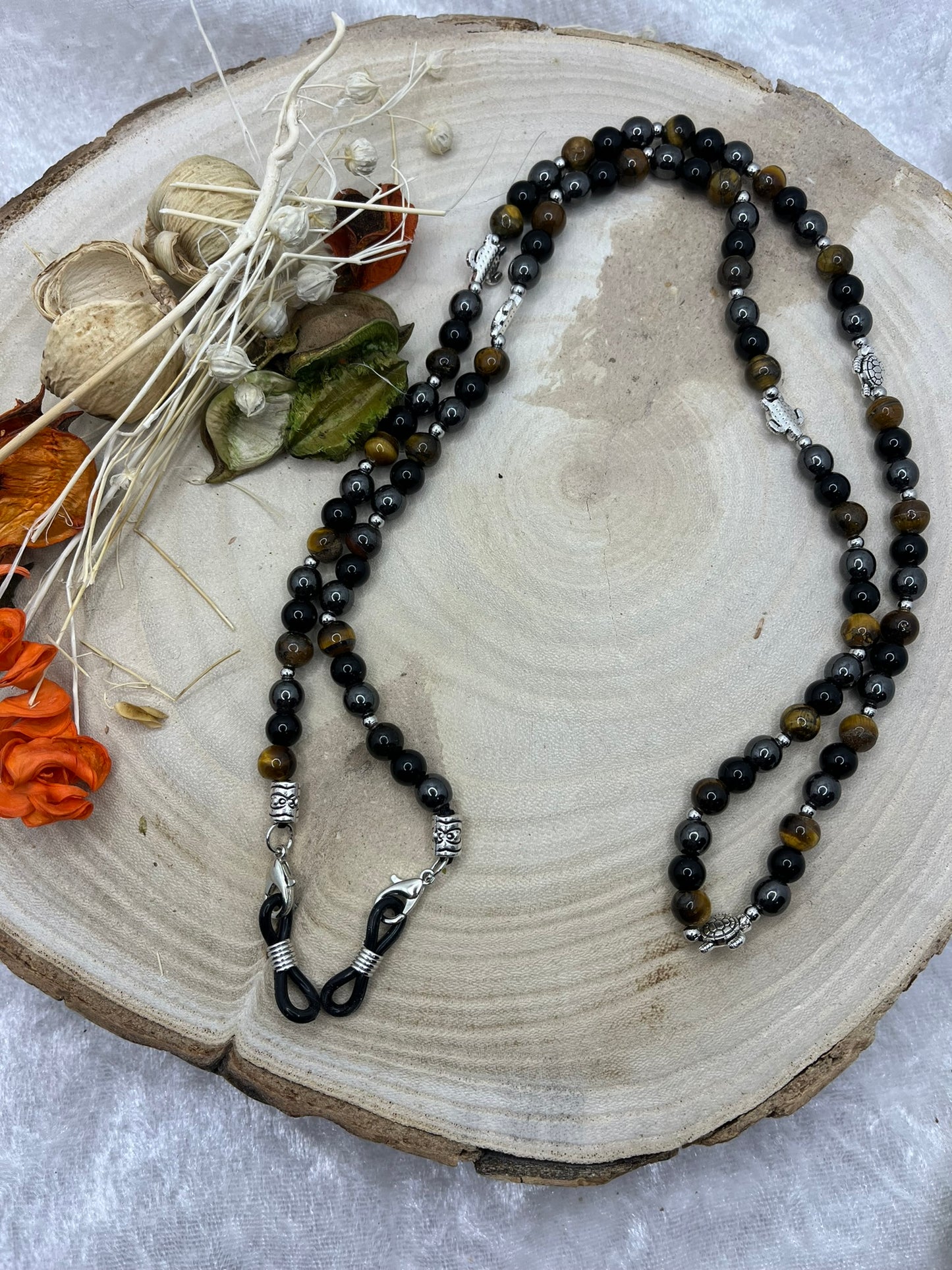 Cordon à Lunette en Perles de Pierres Naturelles Oeil de Tigre, Onyx et Hématite - Fait Main