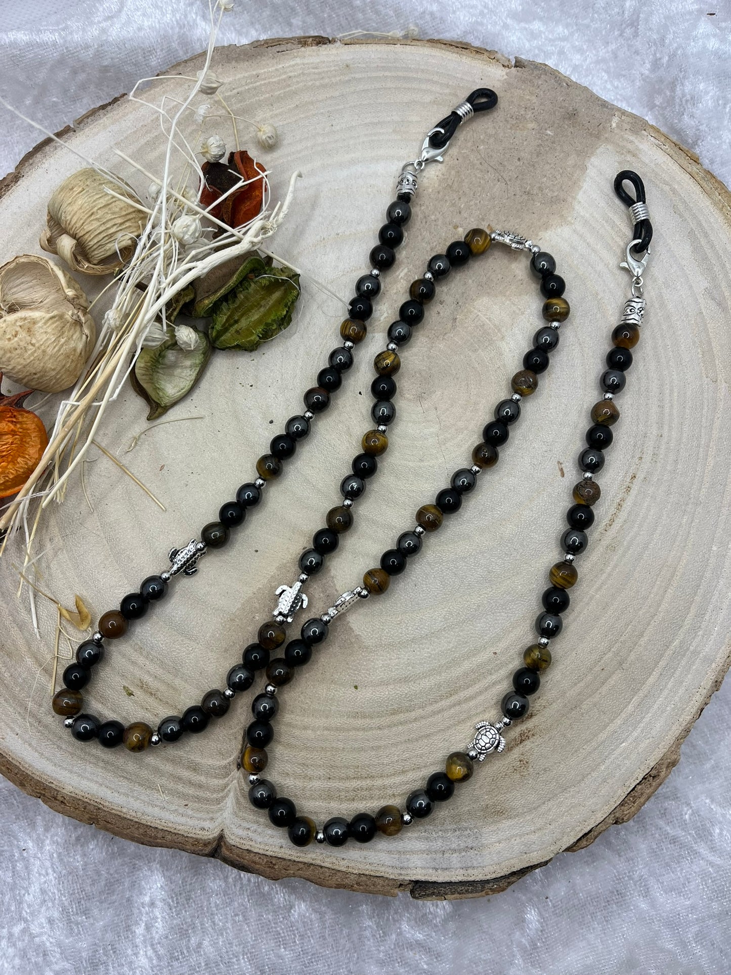 Cordon à Lunette en Perles de Pierres Naturelles Oeil de Tigre, Onyx et Hématite - Fait Main