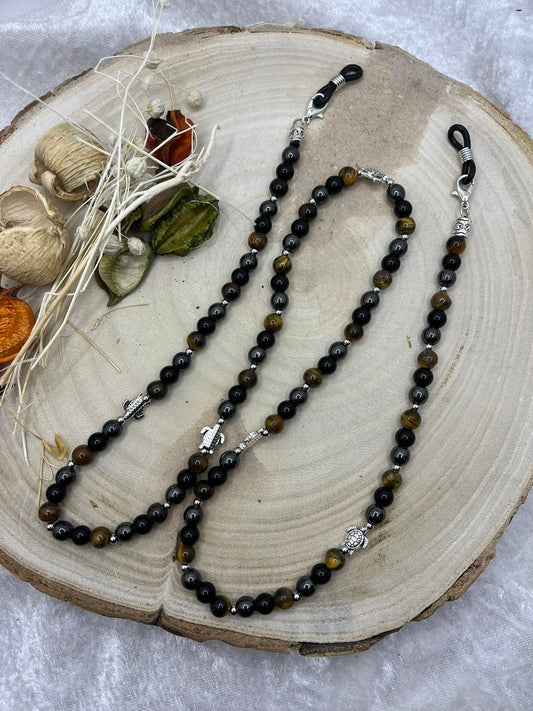 Cordon à Lunette en Perles de Pierres Naturelles Oeil de Tigre, Onyx et Hématite - Fait Main
