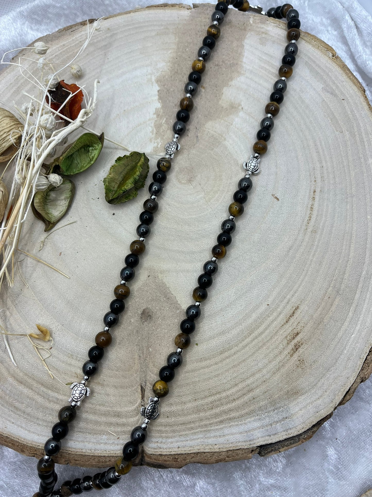 Cordon à Lunette en Perles de Pierres Naturelles Oeil de Tigre, Onyx et Hématite - Fait Main