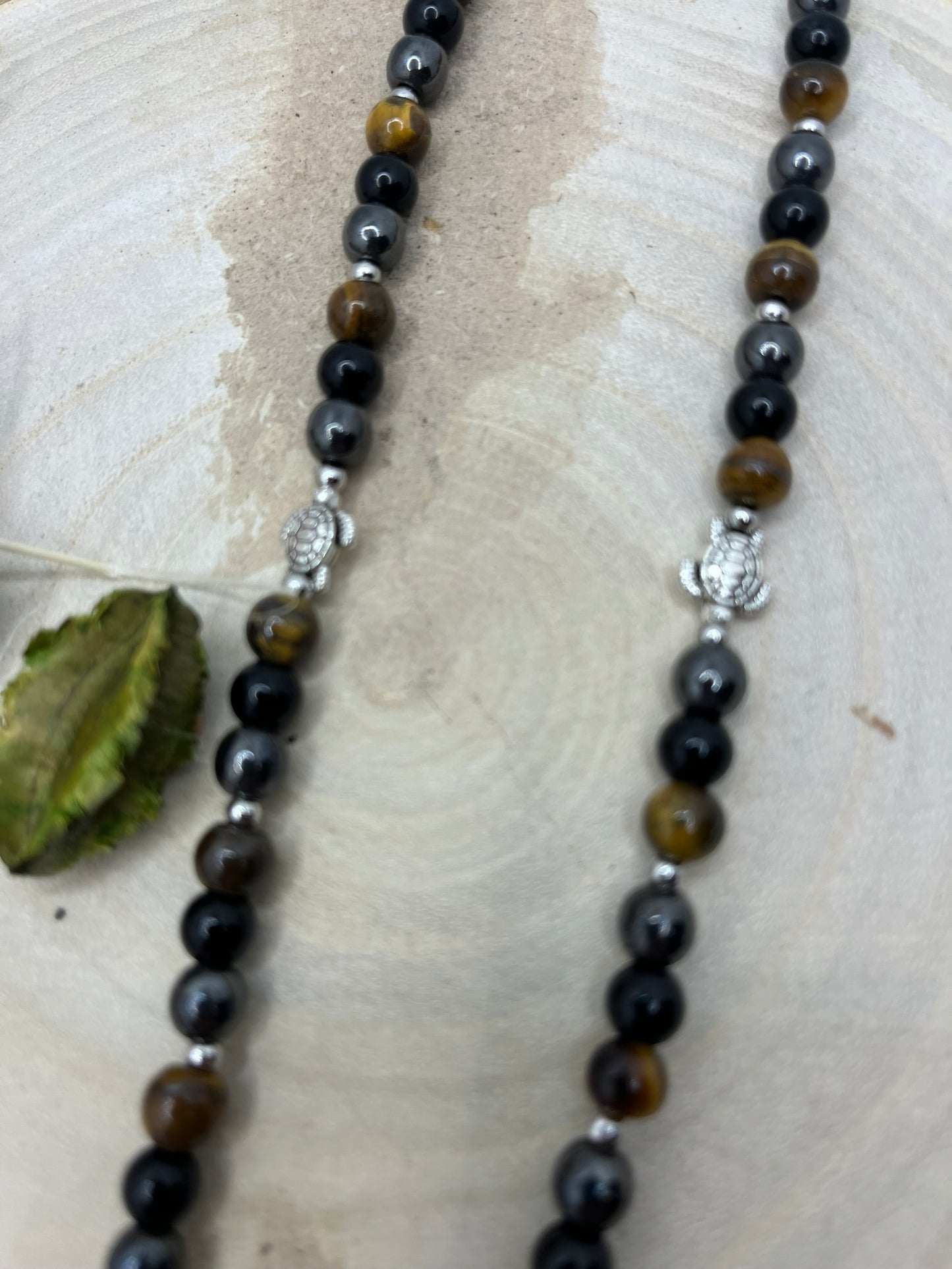 Cordon à Lunette en Perles de Pierres Naturelles Oeil de Tigre, Onyx et Hématite - Fait Main