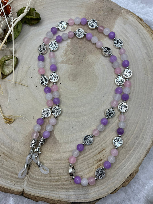 Cordon à Lunette en Perles de Pierres Naturelles - Pierre de Lune, Quartz Rose, Améthyste - Fait Main