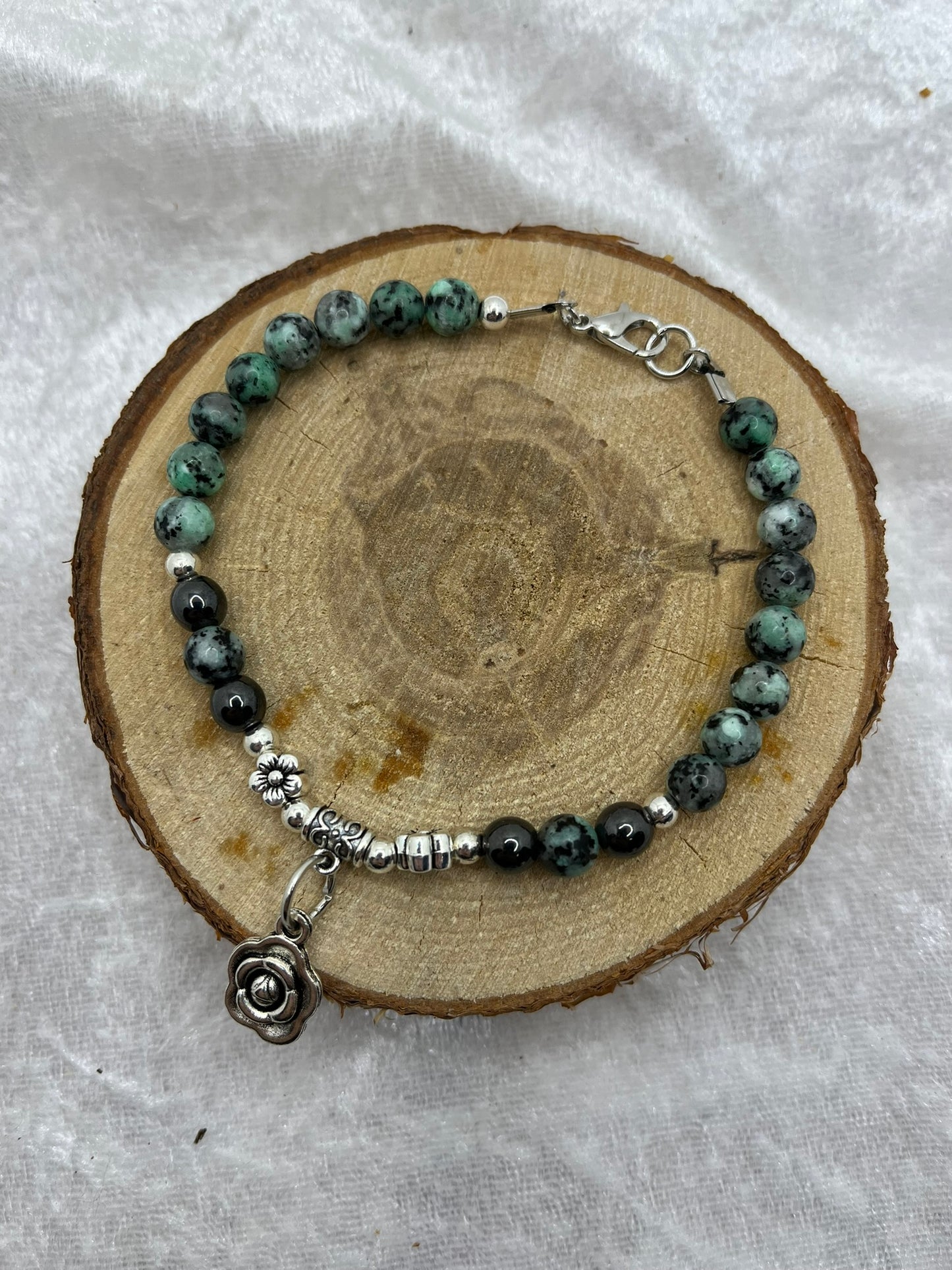 Ensemble Collier + Bracelet en Pierres Naturelles Turquoise Afrique - Orné d'un pendentif Fleur - Fait Main
