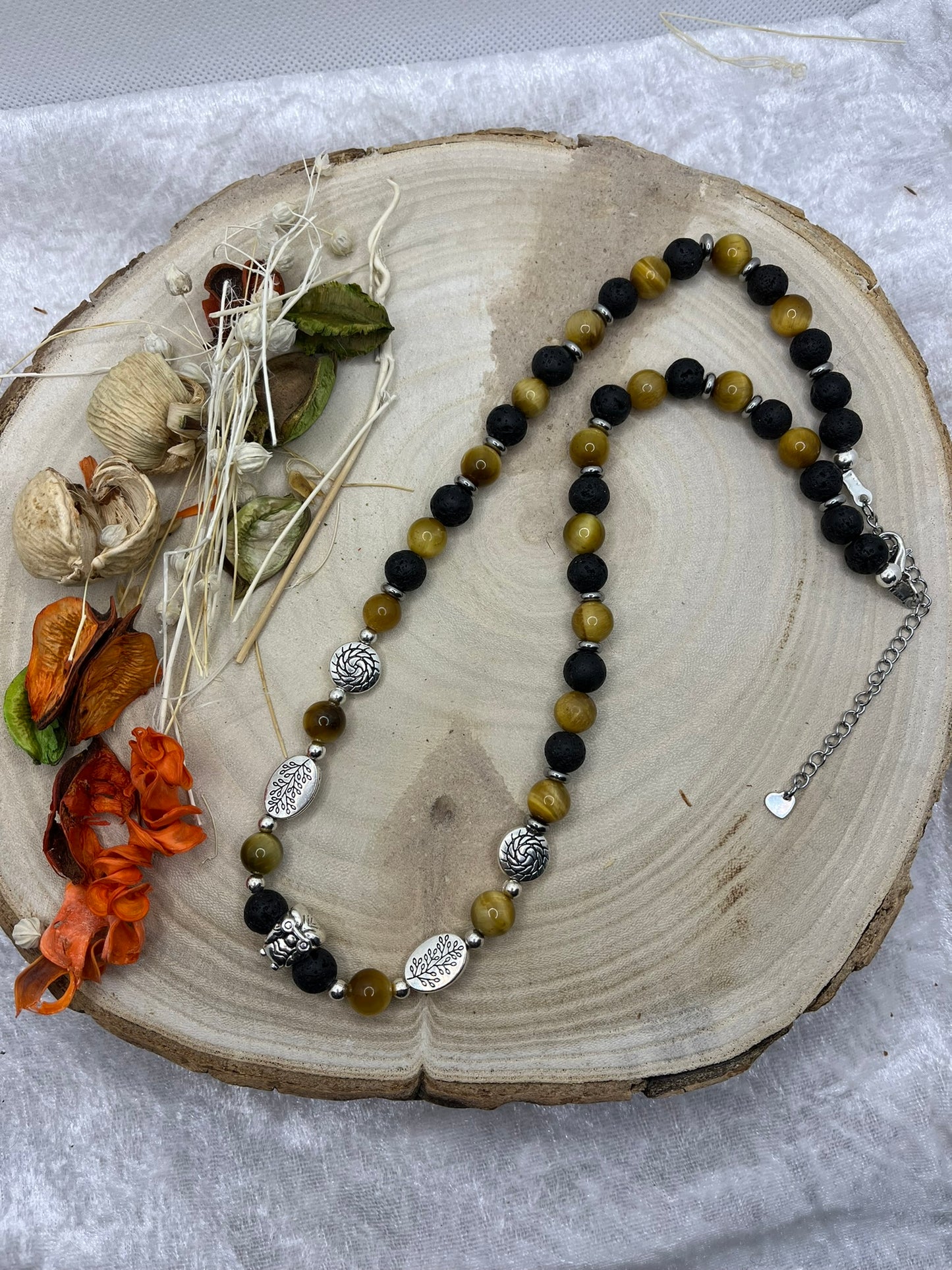 Collier en Pierre Naturelle - Oeil de Chat et Pierre de Lave - Fait Main