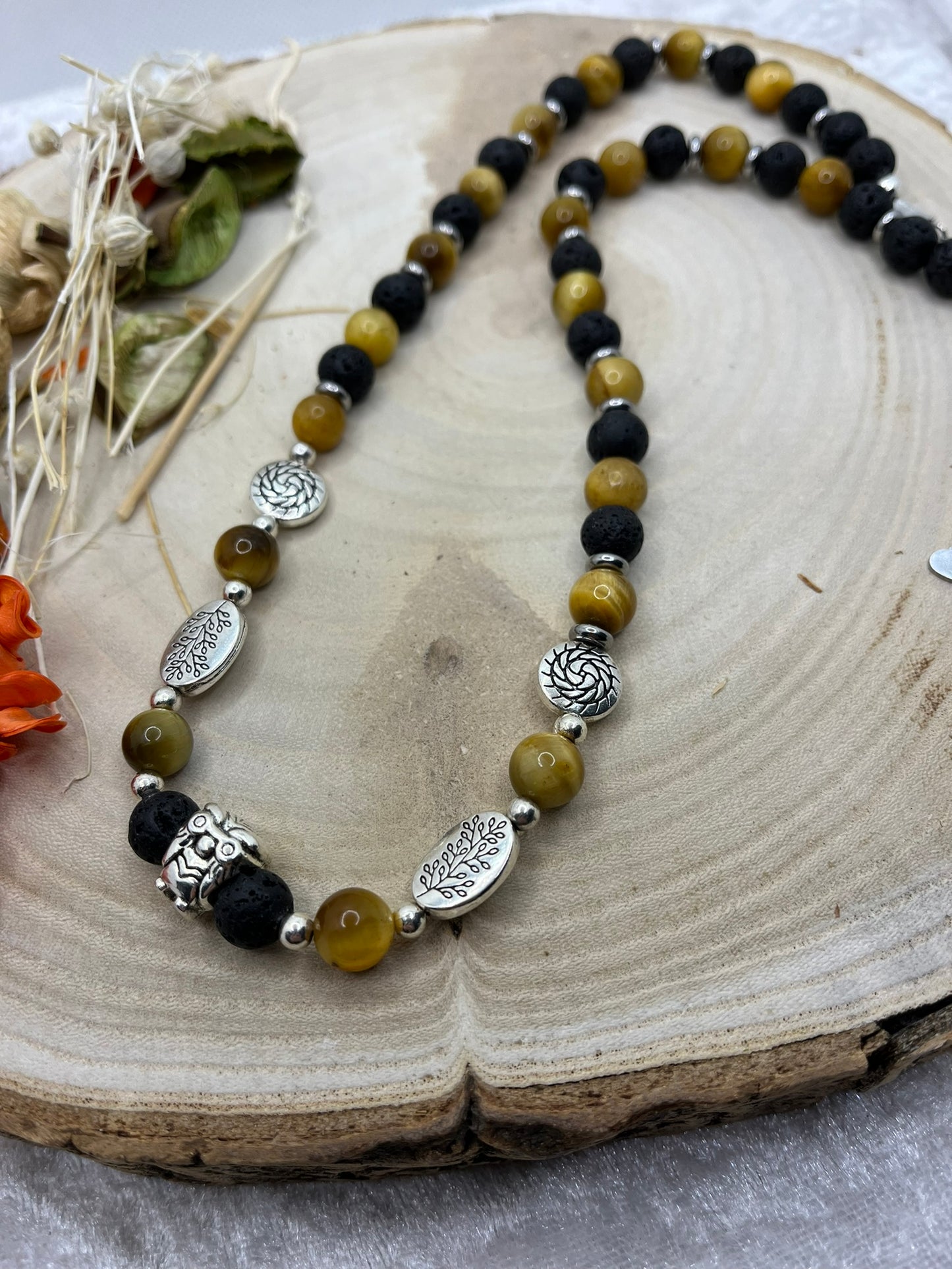 Collier en Pierre Naturelle - Oeil de Chat et Pierre de Lave - Fait Main