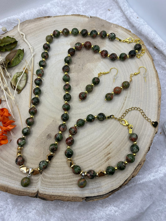 Ensemble Chic Collier - Bracelet - Boucles d'oreille En pierre naturelle Unakite - Fait Main