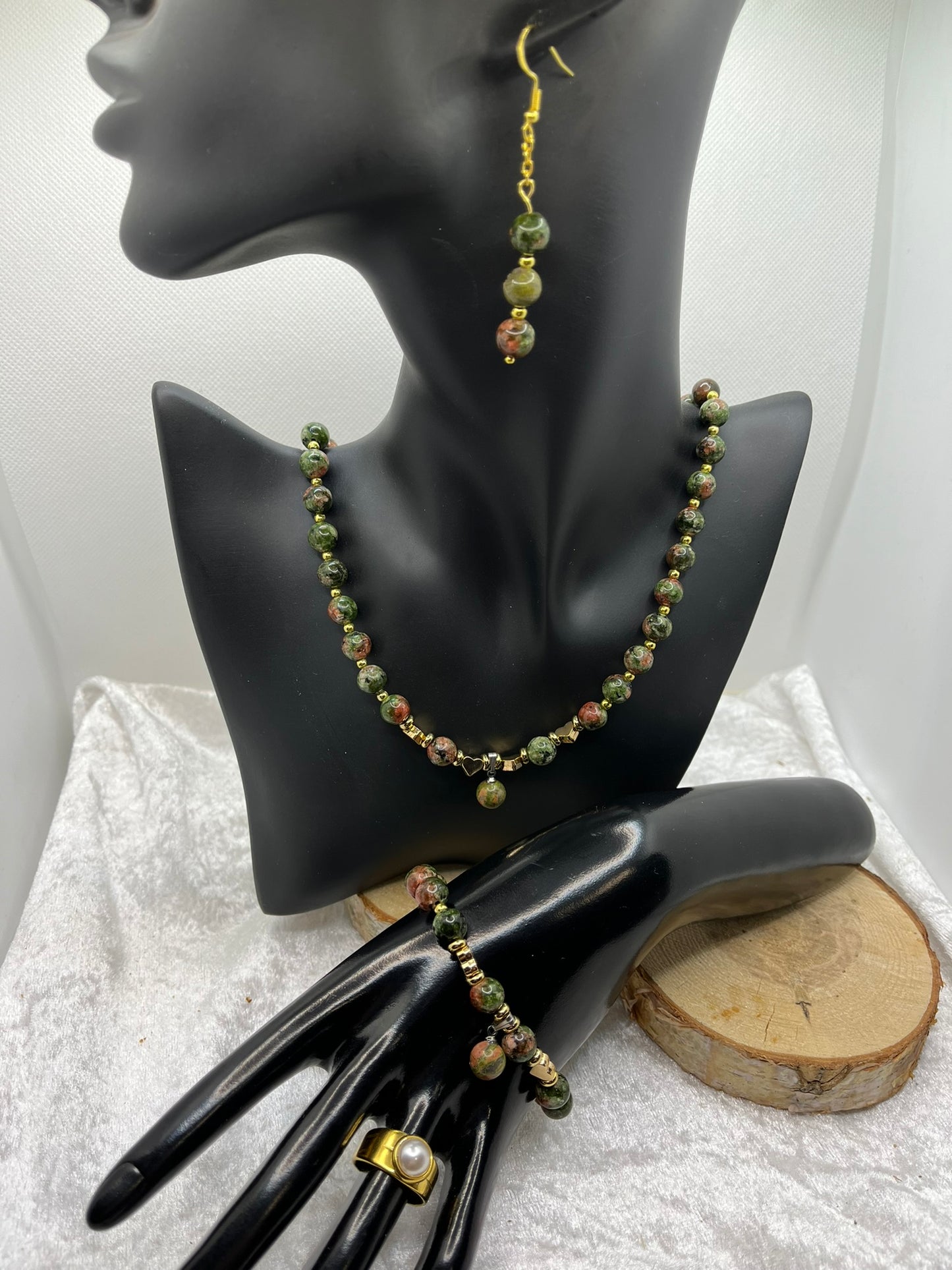 Ensemble Chic Collier - Bracelet - Boucles d'oreille En pierre naturelle Unakite - Fait Main