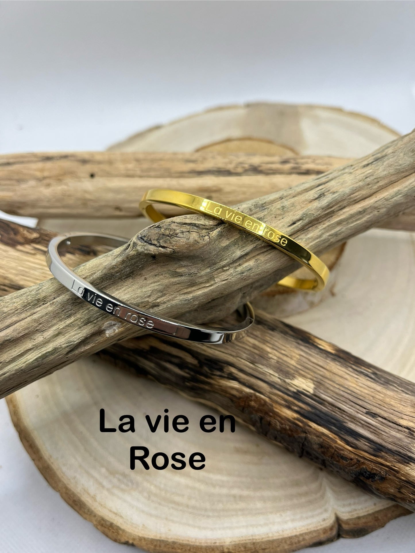 Bracelet Jonc à Message *La Vie En Rose*  en Acier Inoxydable Argenté