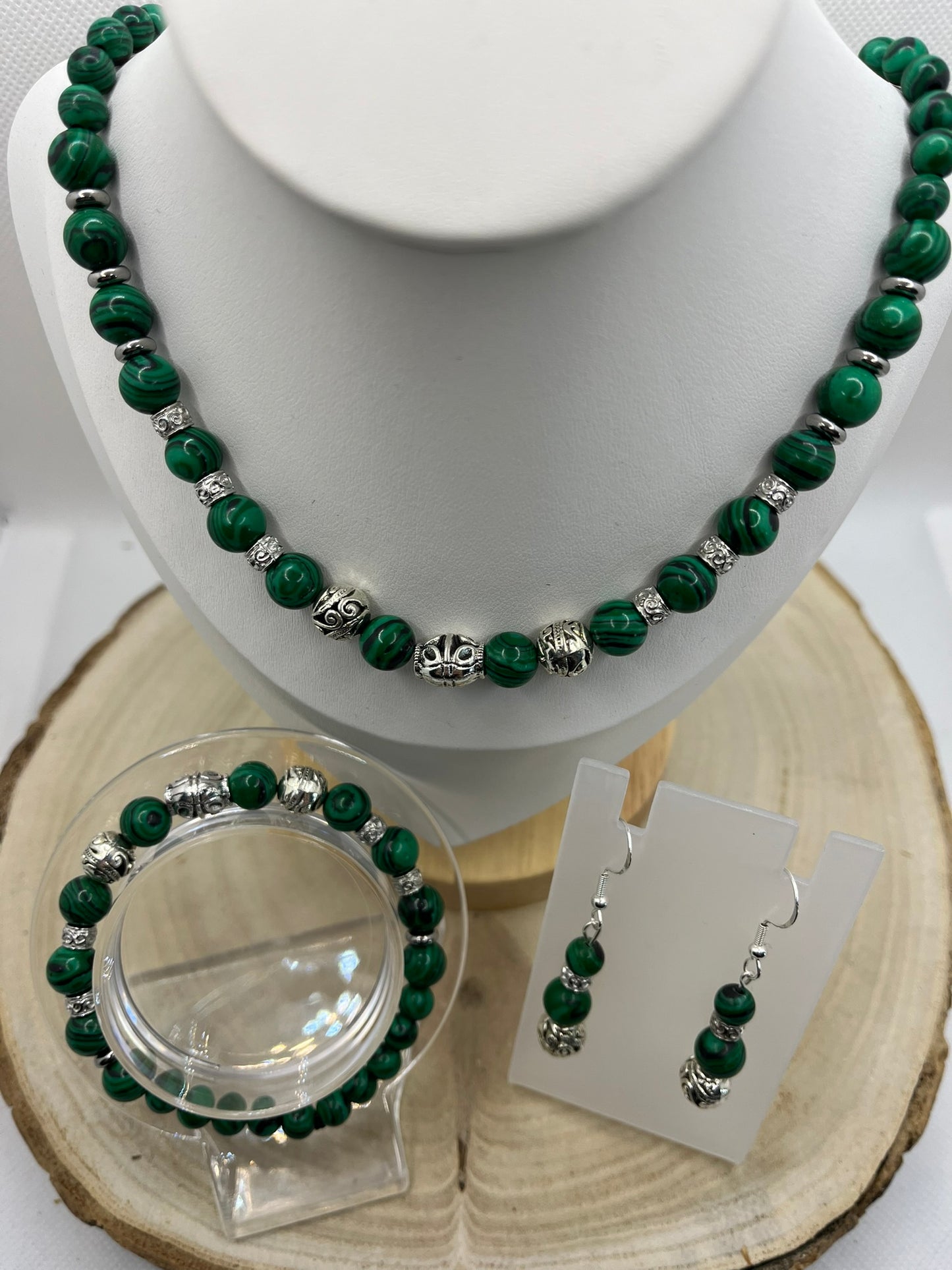 Ensemble Collier - Bracelet - Boucles d'oreilles - Malachite