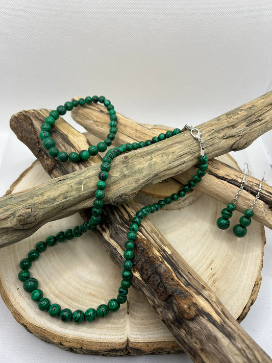 Ensemble Collier - Bracelet - Boucles d'Oreilles - Pierre Naturelle Malachite