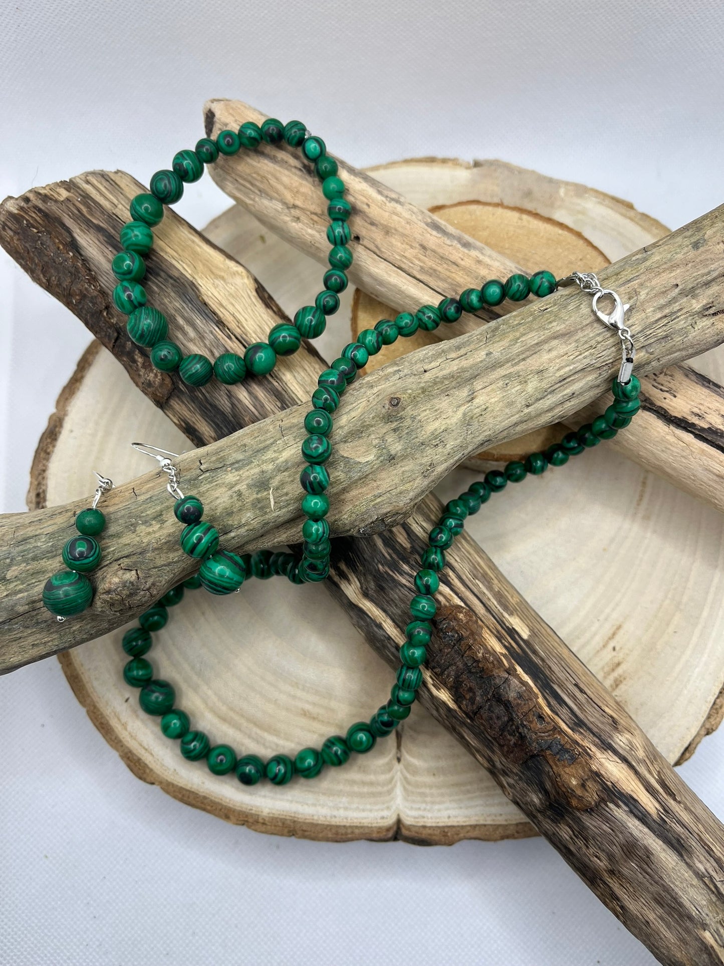 Ensemble Collier - Bracelet - Boucles d'Oreilles - Pierre Naturelle Malachite