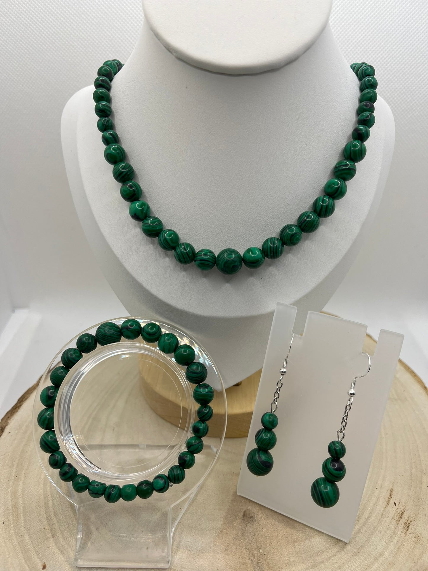 Ensemble Collier - Bracelet - Boucles d'Oreilles - Pierre Naturelle Malachite