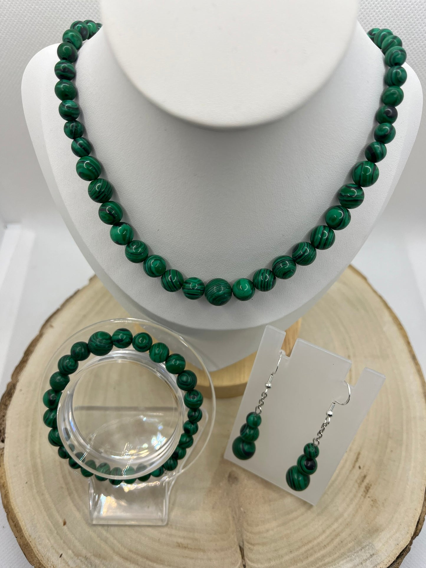 Ensemble Collier - Bracelet - Boucles d'Oreilles - Pierre Naturelle Malachite