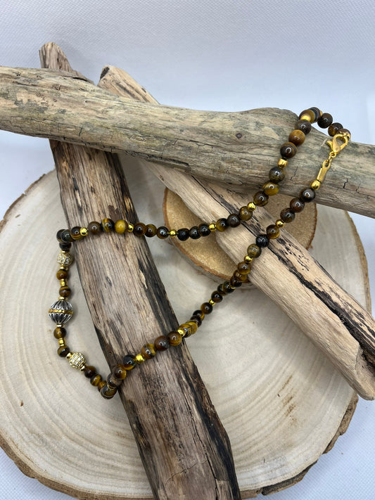 Collier en Pierre Naturelle Oeil de Tigre Ornés de perles fantaisies en acier inoxydables doré - Fait main