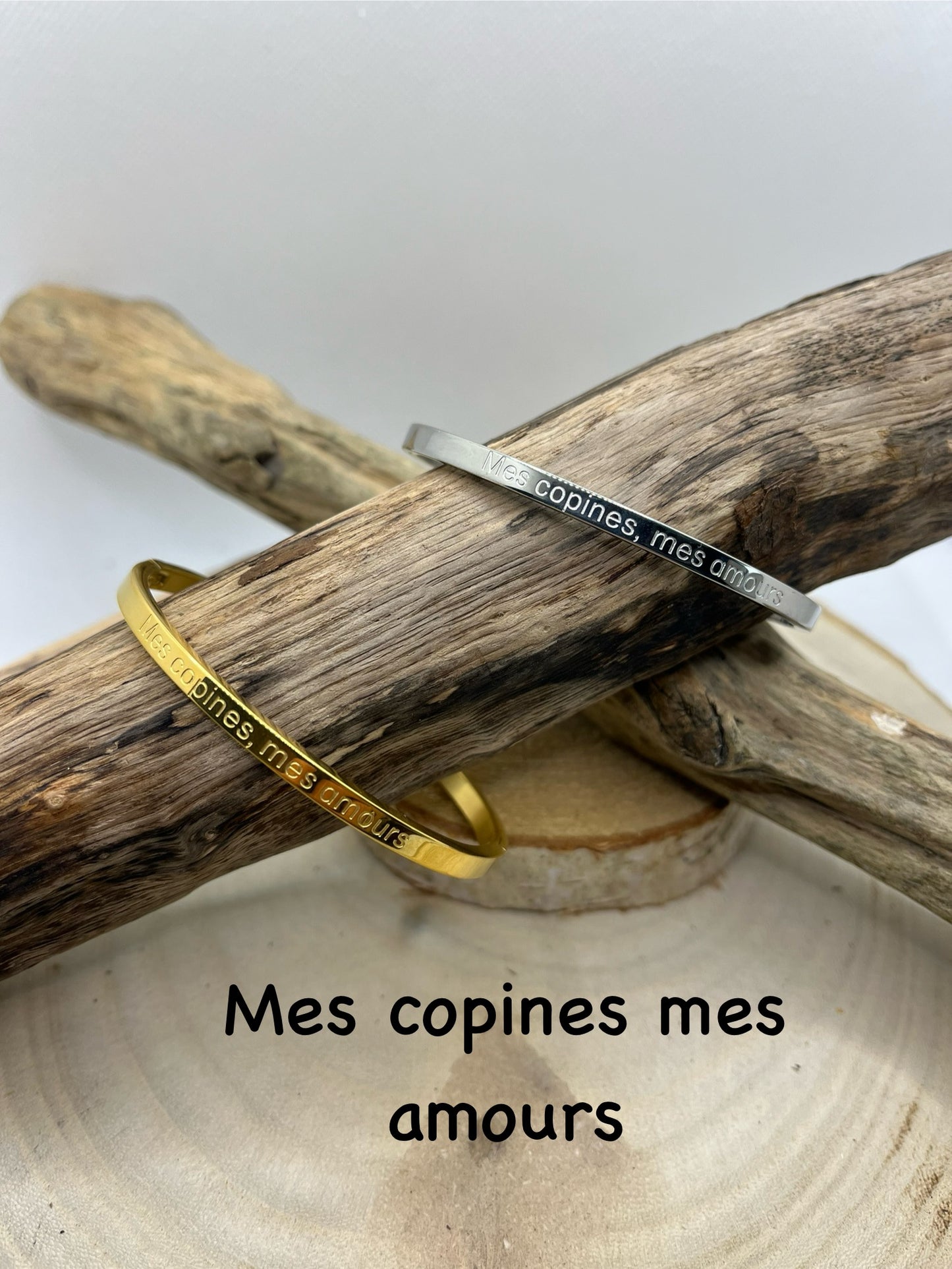 Bracelet Jonc à message ( Mes copines, mes amours ) - Acier inoxydable en Doré ou en Argent