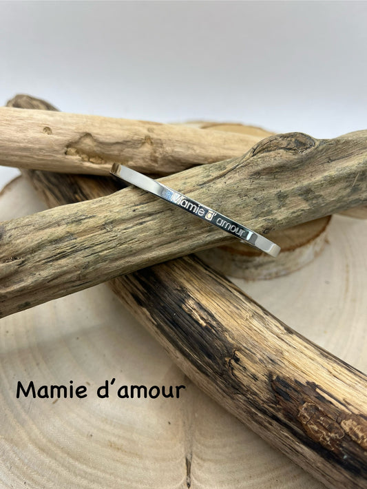 Bracelet à Jonc à message ( Mamie d'amour ) - Acier inoxydable argenté