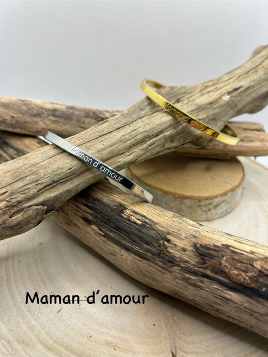 Bracelet Jonc à message ( Maman d'amour ) - Acier inoxydable en doré ou en argenté