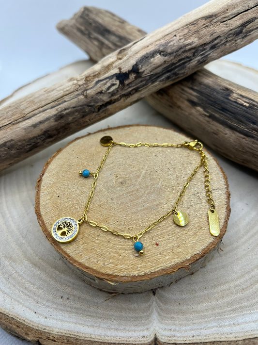 Bracelet Chaine fine Pendentif Arbre de vie orné de strass - Acier inoxydable Doré